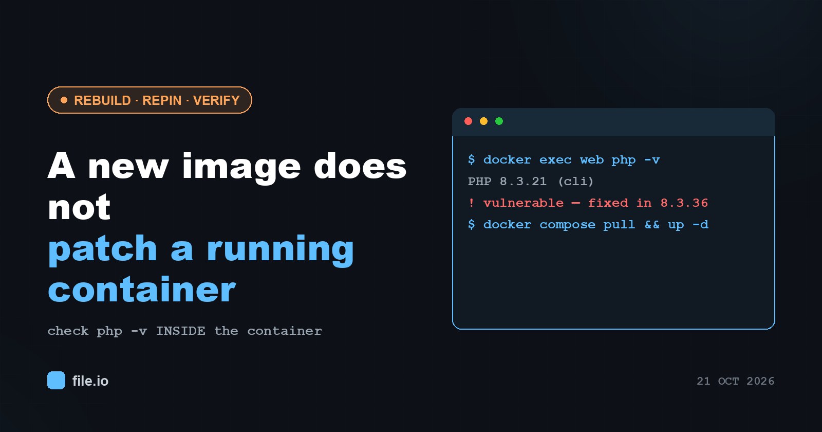 Dark banner reading 'A new image does not patch a running container' beside a terminal window where docker exec reports PHP 8.3.21 as vulnerable, fixed in 8.3.36